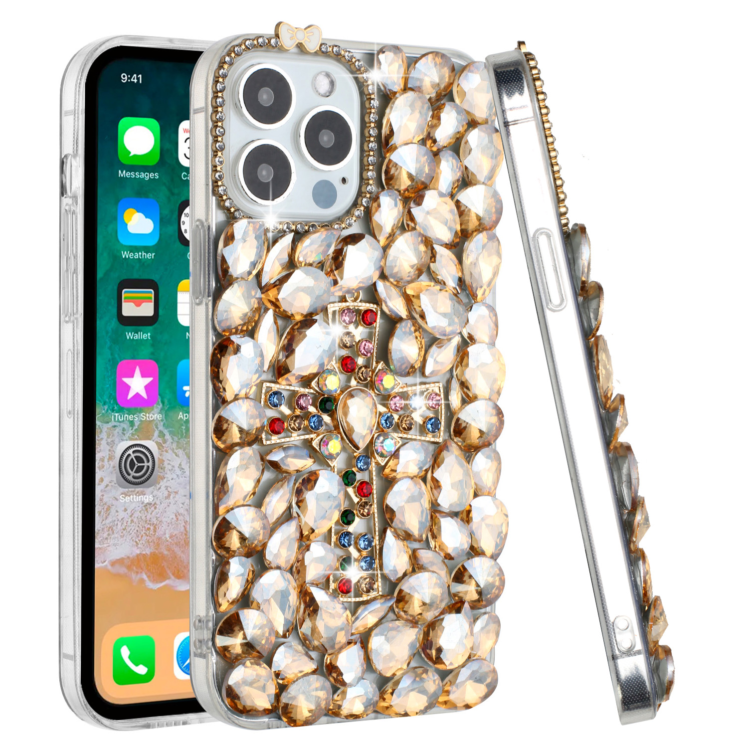 For iPhone 15 Pro Cross Full Diamond Bling Case - Picture 3 of 10