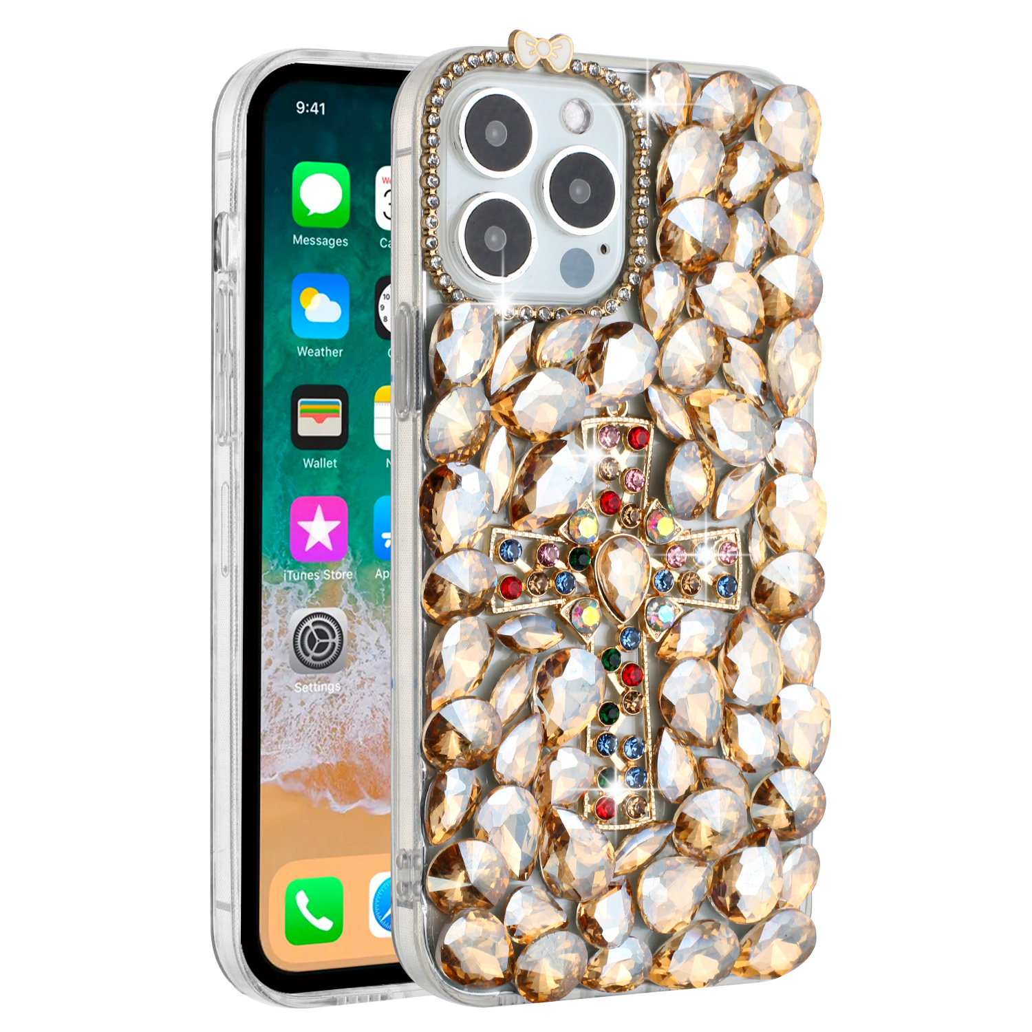 For iPhone 15 Pro Cross Full Diamond Bling Case - Picture 4 of 10
