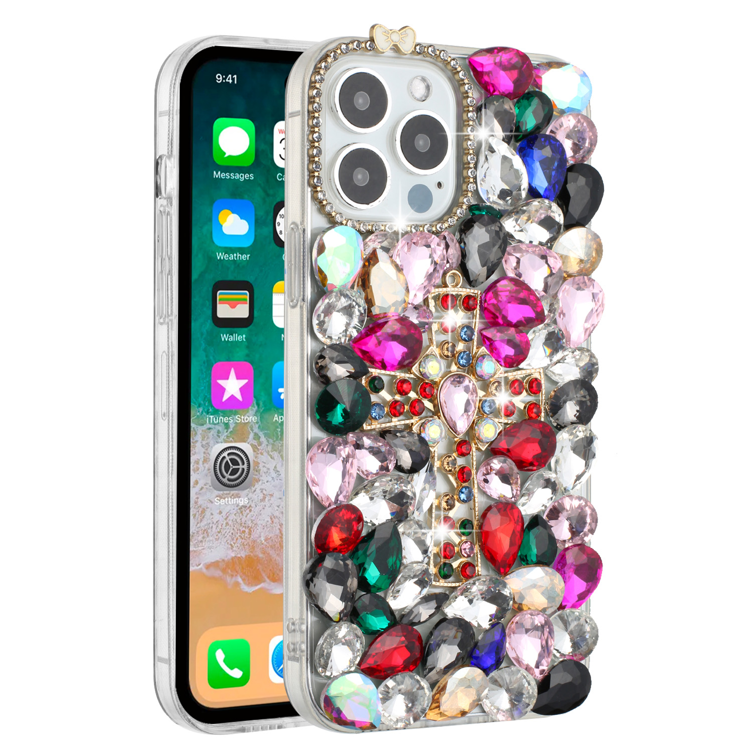 For iPhone 15 Pro Cross Full Diamond Bling Case - Picture 8 of 10