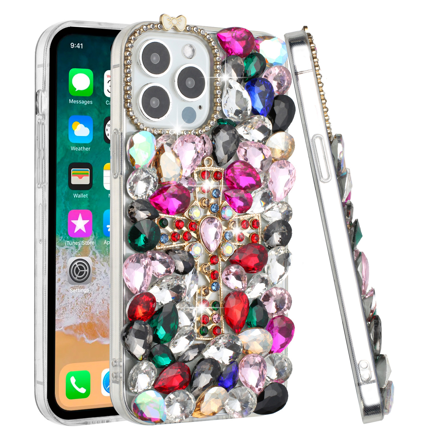 For iPhone 15 Pro Cross Full Diamond Bling Case - Picture 9 of 10