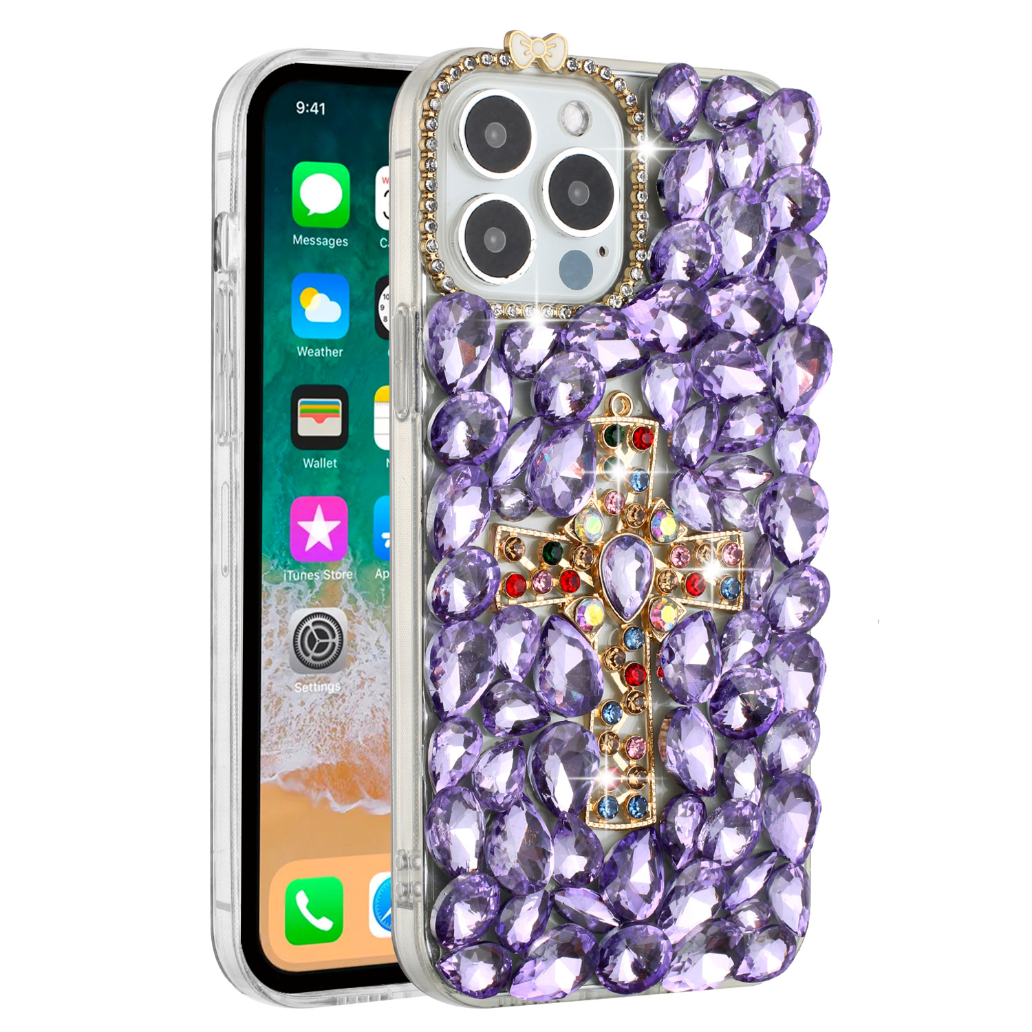 For iPhone 15 Pro Cross Full Diamond Bling Case - Picture 5 of 10