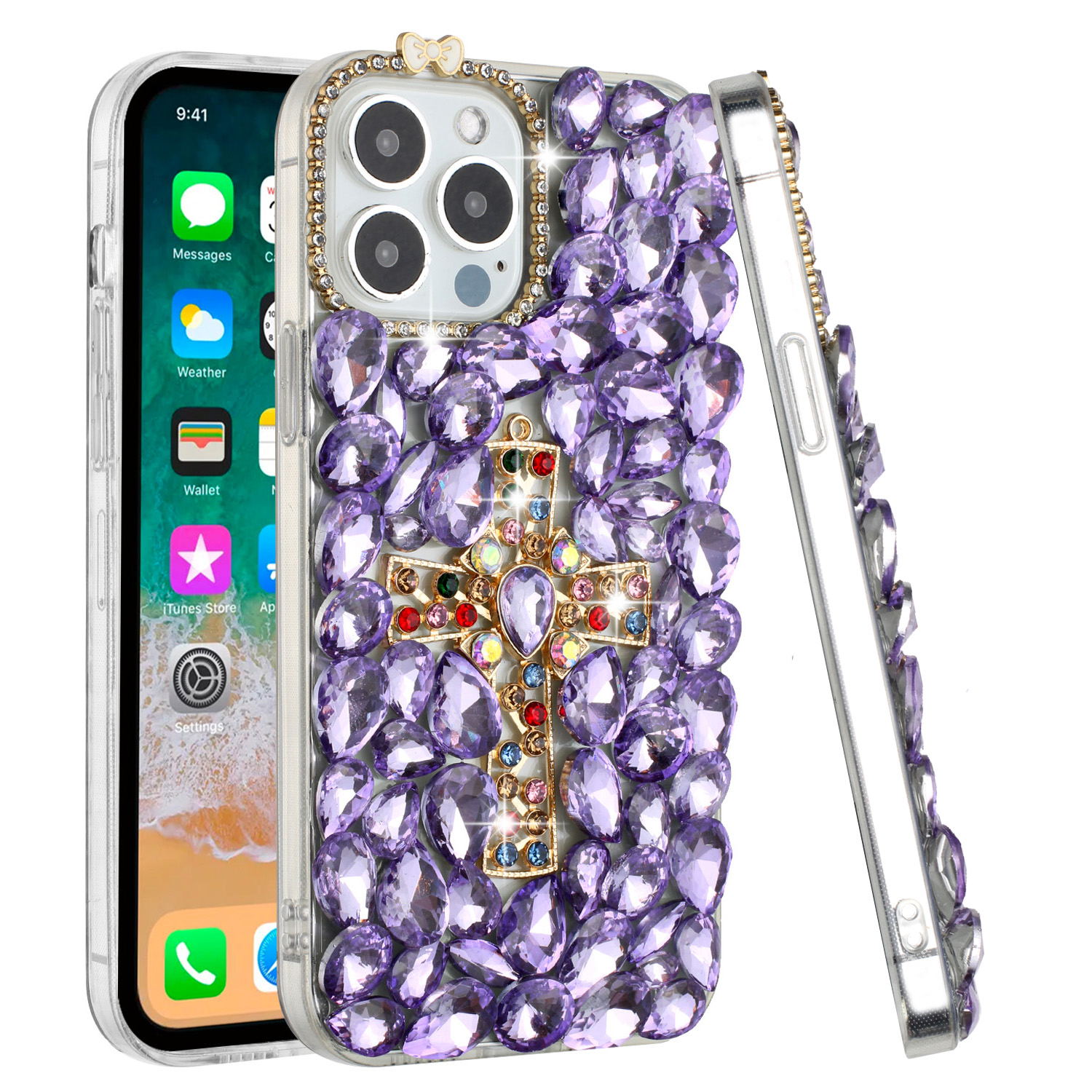 For iPhone 15 Pro Cross Full Diamond Bling Case - Picture 6 of 10