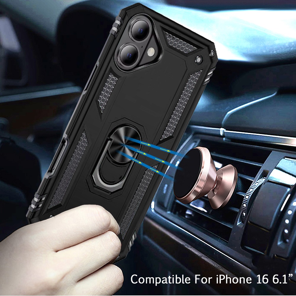 For iPhone 16 6.1 inch Ring Magnetic Kickstand Hybrid Case Cover - - Picture 3 of 15