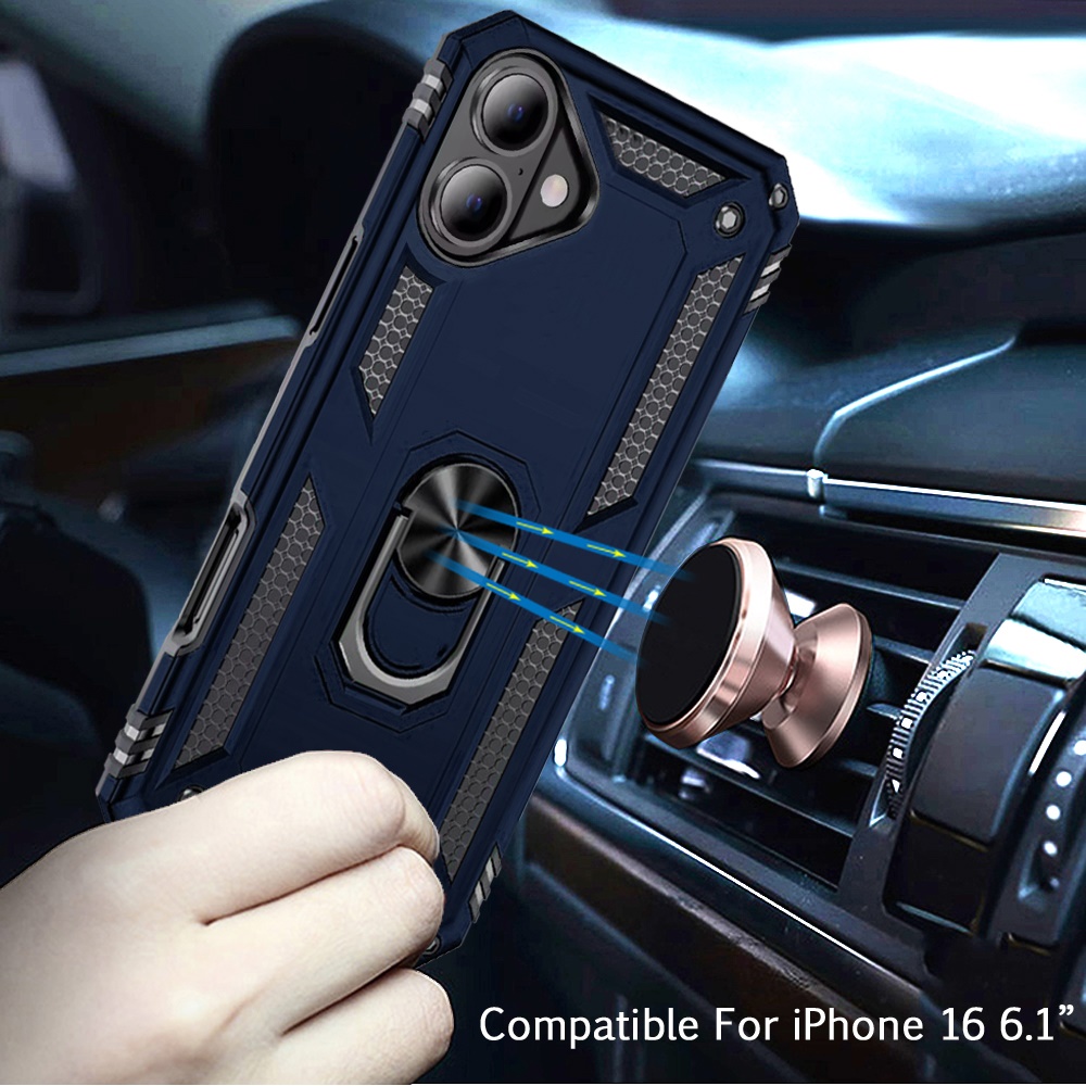 For iPhone 16 6.1 inch Ring Magnetic Kickstand Hybrid Case Cover - - Picture 10 of 15