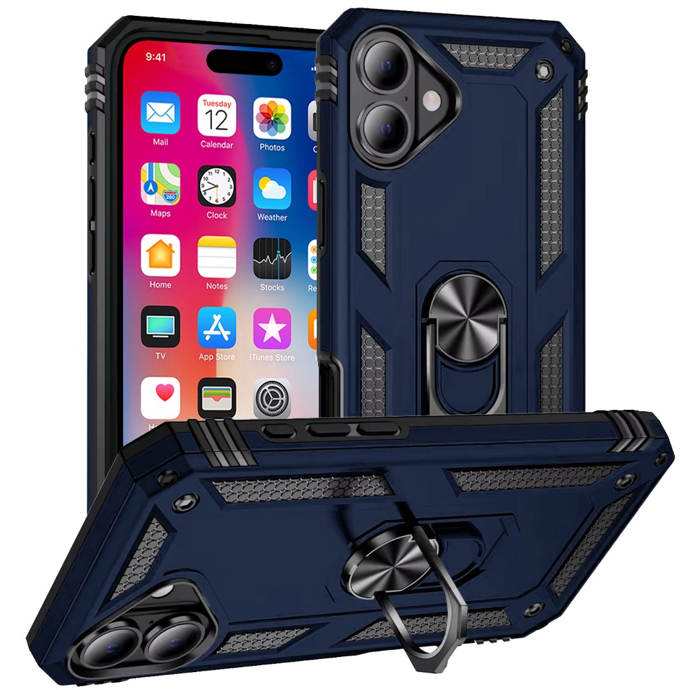 For iPhone 16 6.1 inch Ring Magnetic Kickstand Hybrid Case Cover - - Picture 12 of 15
