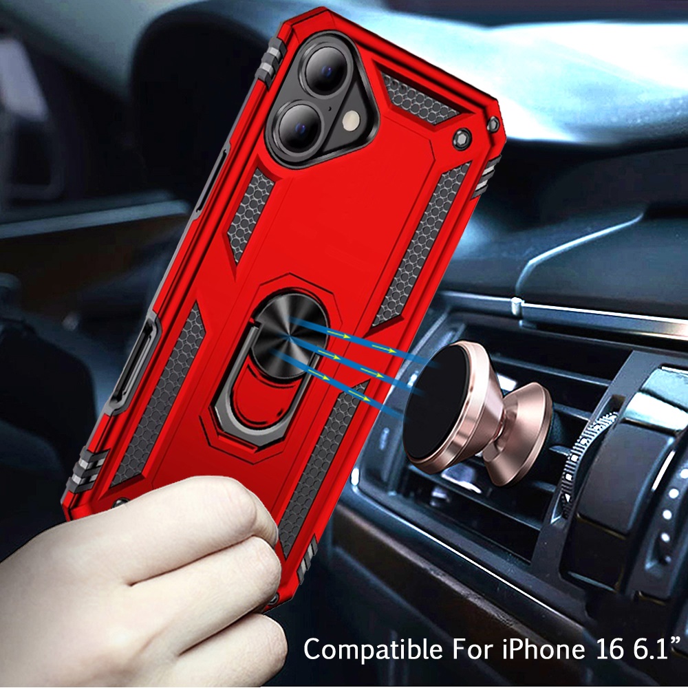 For iPhone 16 6.1 inch Ring Magnetic Kickstand Hybrid Case Cover - - Picture 13 of 15