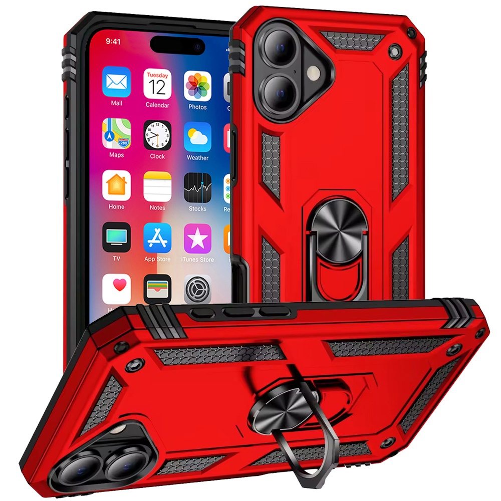 For iPhone 16 6.1 inch Ring Magnetic Kickstand Hybrid Case Cover - - Picture 15 of 15