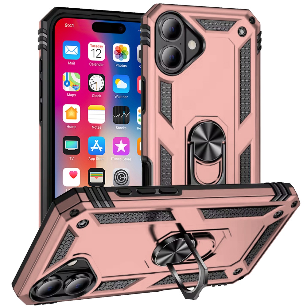 For iPhone 16 6.1 inch Ring Magnetic Kickstand Hybrid Case Cover - - Picture 4 of 15