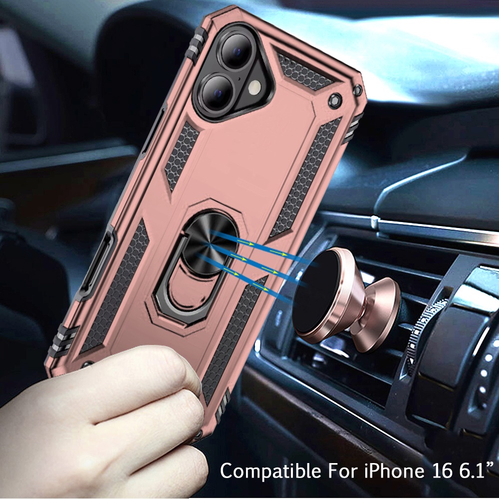 For iPhone 16 6.1 inch Ring Magnetic Kickstand Hybrid Case Cover - - Picture 5 of 15