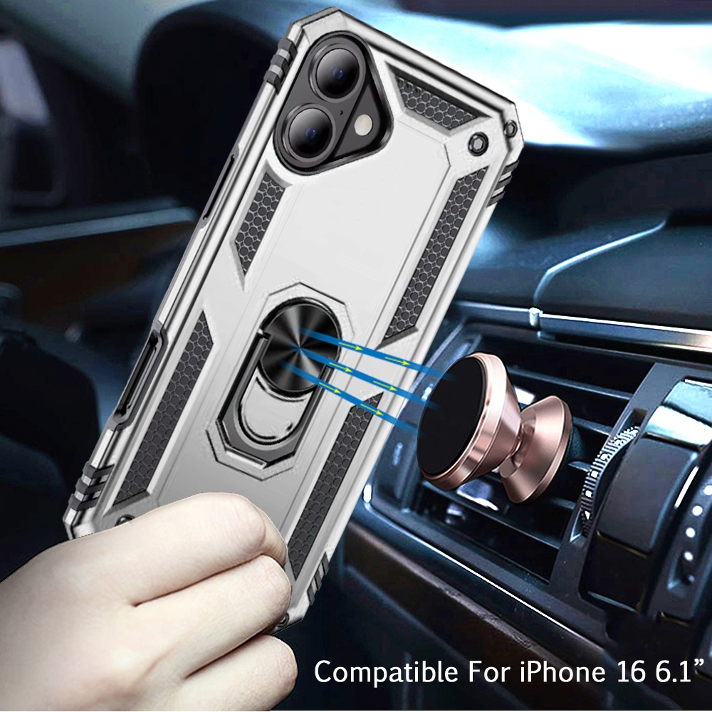 For iPhone 16 6.1 inch Ring Magnetic Kickstand Hybrid Case Cover - - Picture 7 of 15