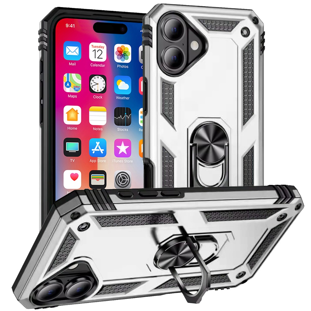 For iPhone 16 6.1 inch Ring Magnetic Kickstand Hybrid Case Cover - - Picture 9 of 15
