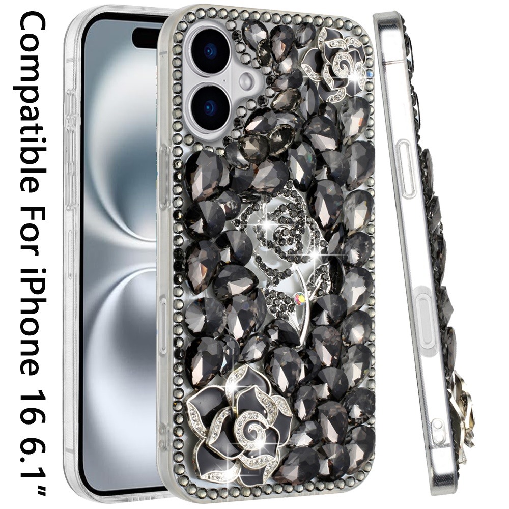 For iPhone 16 6.1 inch Floral Full Diamond Bling Case Cover - - Picture 3 of 9