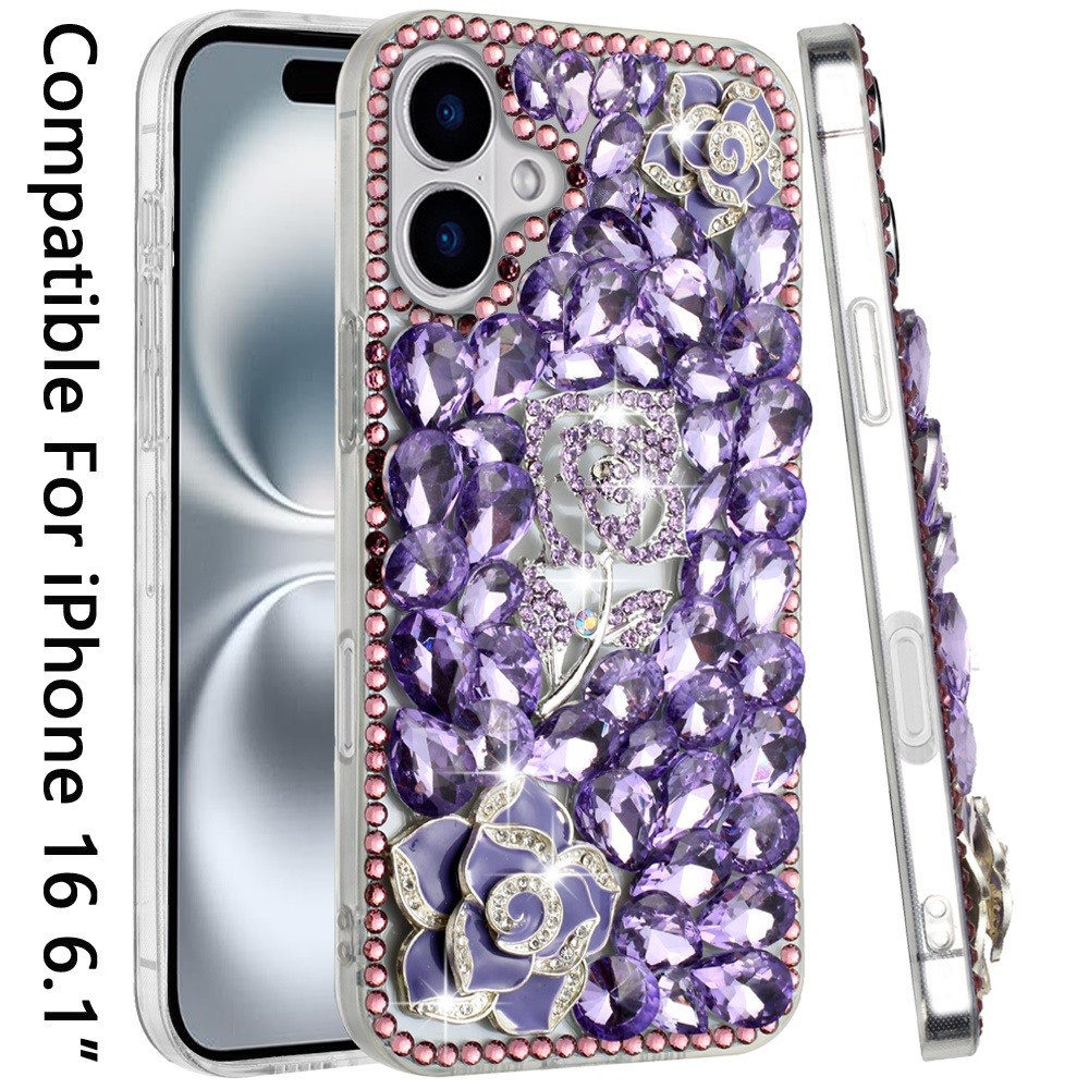 For iPhone 16 6.1 inch Floral Full Diamond Bling Case Cover - - Picture 6 of 9
