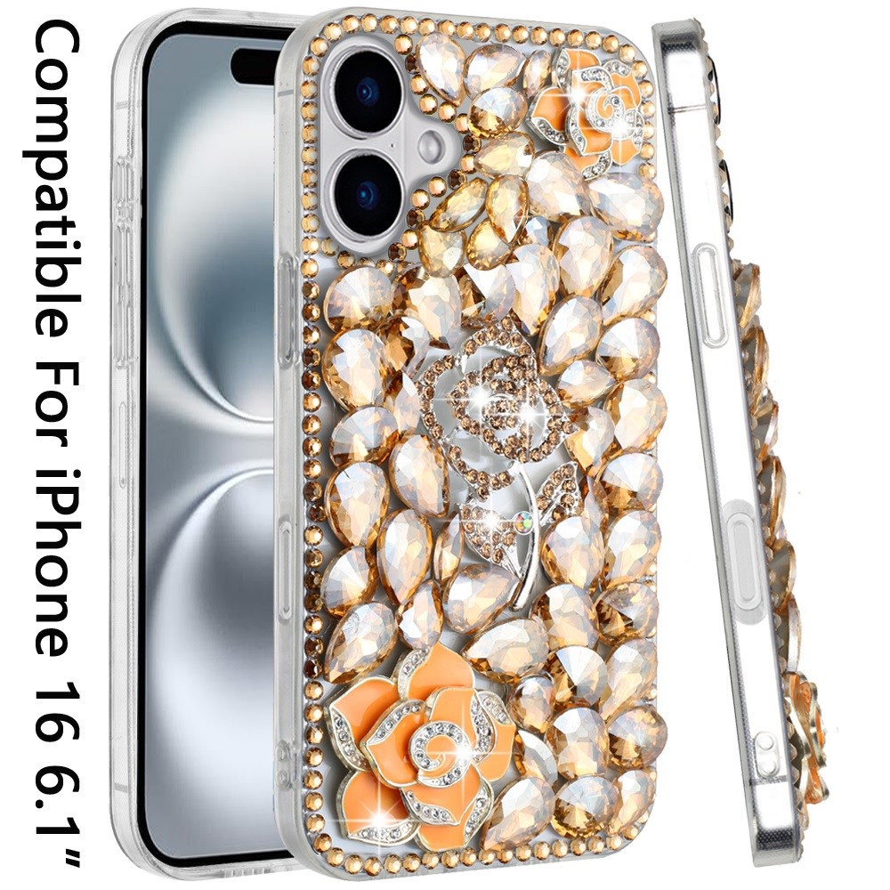 For iPhone 16 6.1 inch Floral Full Diamond Bling Case Cover - - Picture 7 of 9