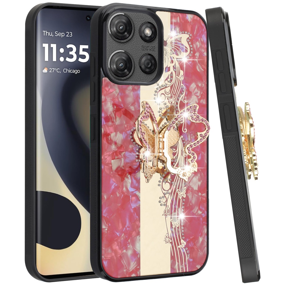 For Motorola Edge 2025 Diamond Glitter Case - Red Garden Butterflies - Picture 14 of 18