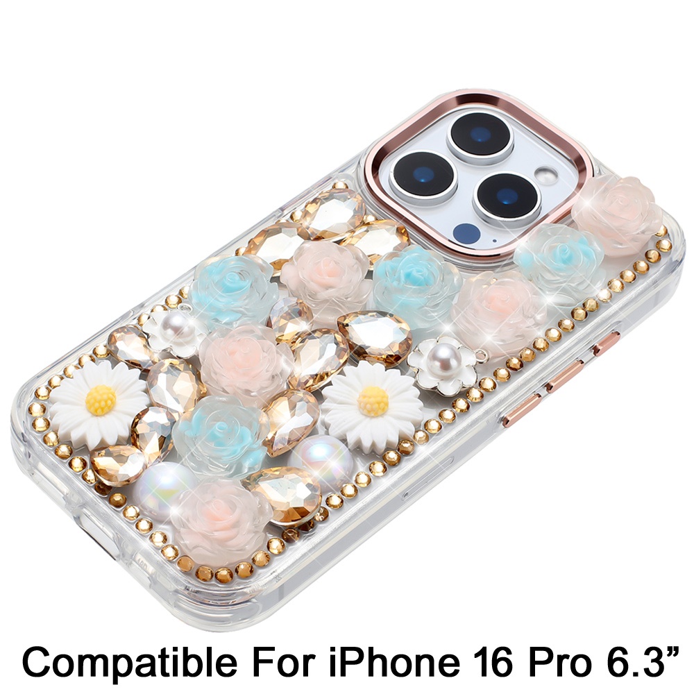 Für iPhone 16 Pro 6,3" Glitzer Blumen Hybrid Hülle - Bling Steine - Bild 10 von 12