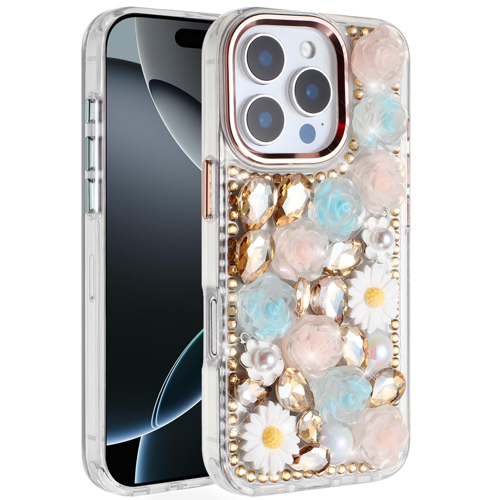 Für iPhone 16 Pro 6,3" Glitzer Blumen Hybrid Hülle - Bling Steine - Bild 11 von 12