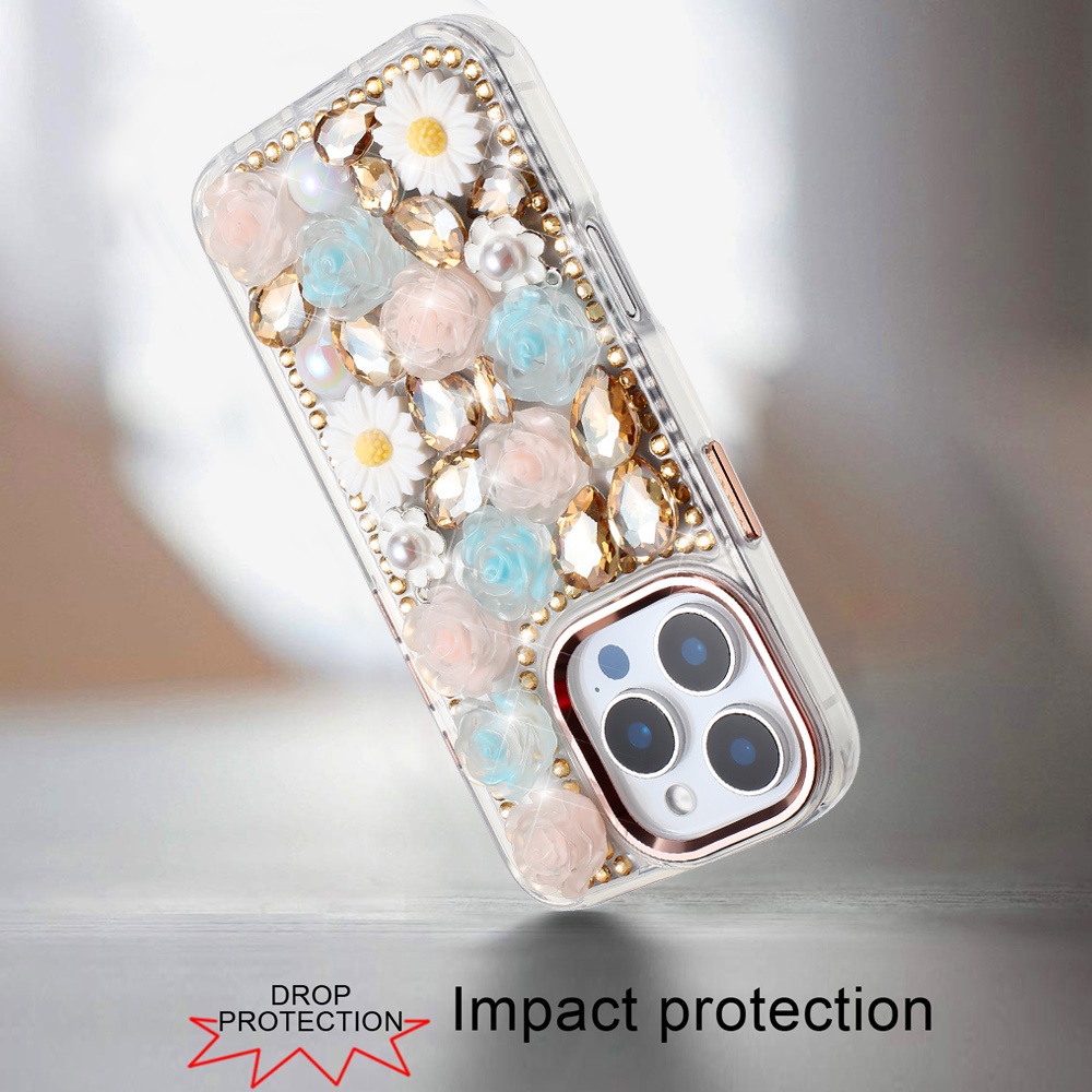 Für iPhone 16 Pro 6,3" Glitzer Blumen Hybrid Hülle - Bling Steine - Bild 12 von 12