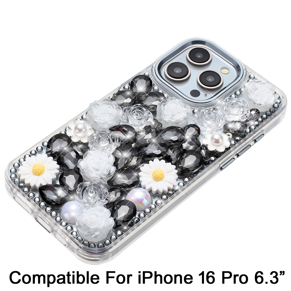 Für iPhone 16 Pro 6,3" Glitzer Blumen Hybrid Hülle - Bling Steine - Bild 7 von 12