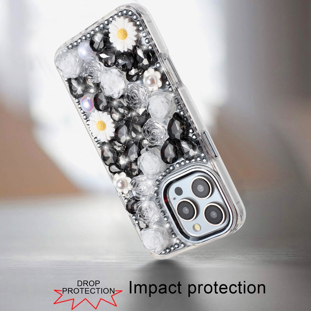 Für iPhone 16 Pro 6,3" Glitzer Blumen Hybrid Hülle - Bling Steine - Bild 8 von 12