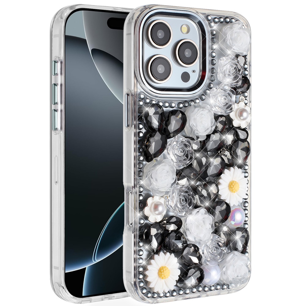 Für iPhone 16 Pro 6,3" Glitzer Blumen Hybrid Hülle - Bling Steine - Bild 9 von 12