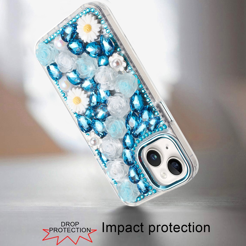 For iPhone 13/14 Glitter Floral Hybrid Case -  Bling Stones Design - Bild 2 von 15