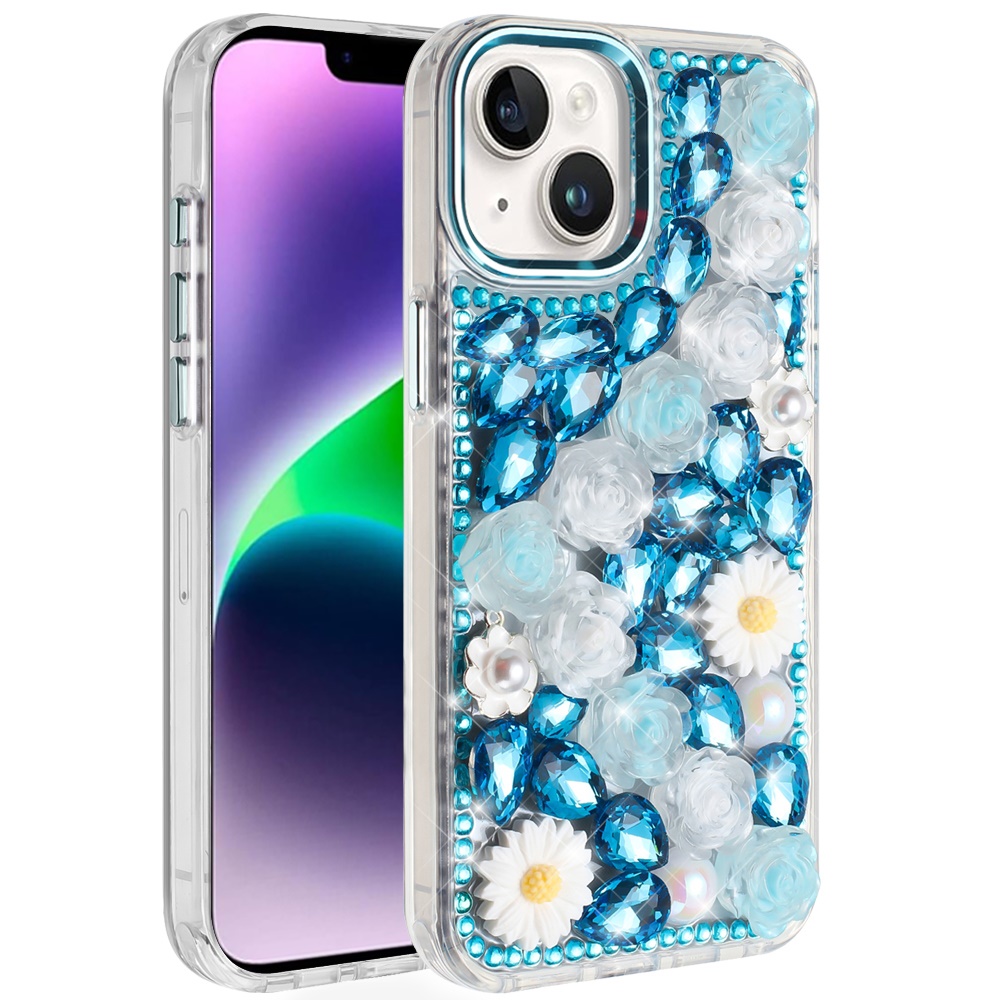For iPhone 13/14 Glitter Floral Hybrid Case -  Bling Stones Design - Bild 3 von 15