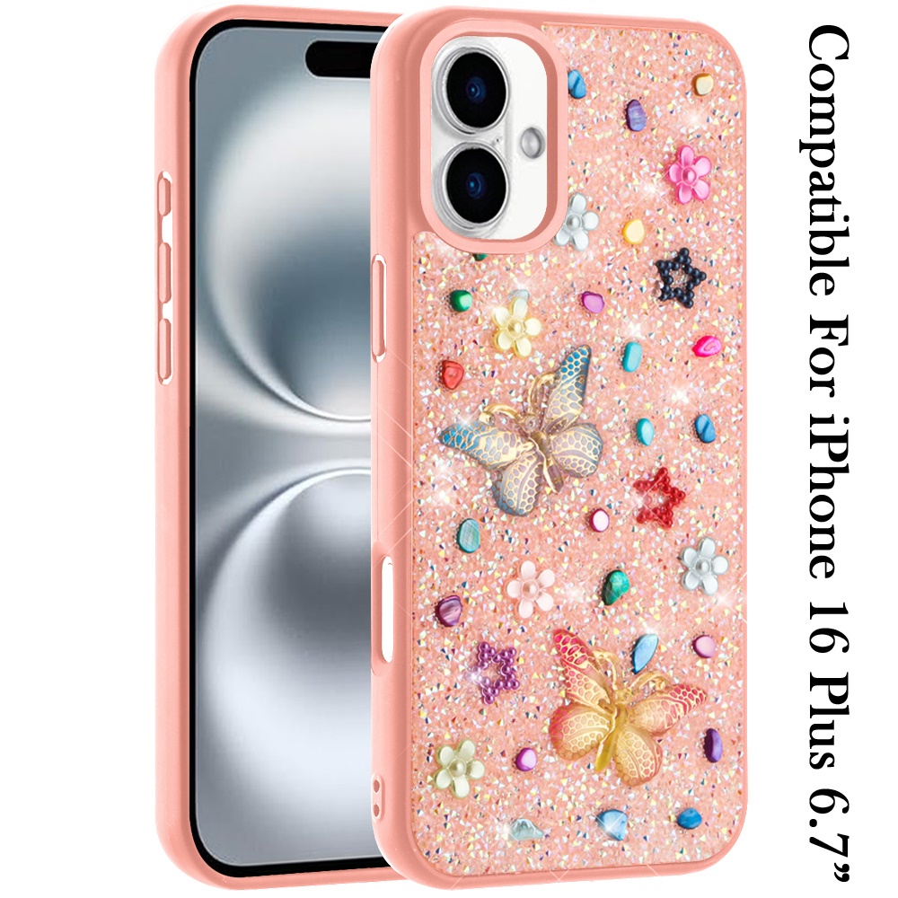 Für iPhone 16 Plus 6,7" Diamond Bling Schmetterling Glitzer Hybrid Hülle - - Bild 8 von 12