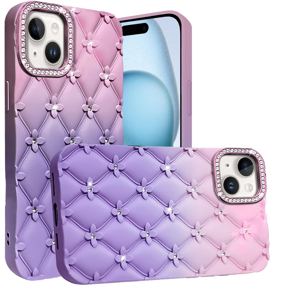 For iPhone 15/14 Plus Floral Glitter TPU Case - Light Blue/Pink - Picture 10 of 12