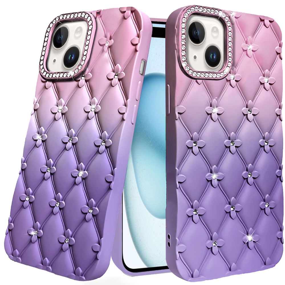 For iPhone 15/14 Plus Floral Glitter TPU Case - Light Blue/Pink - Picture 12 of 12