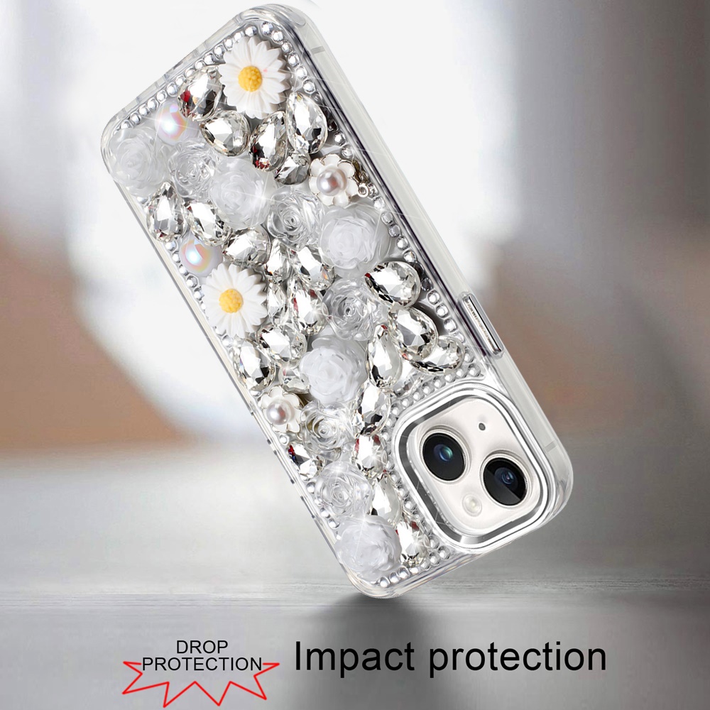For iPhone 13/14 Glitter Floral Hybrid Case -  Bling Stones Design - Bild 4 von 15