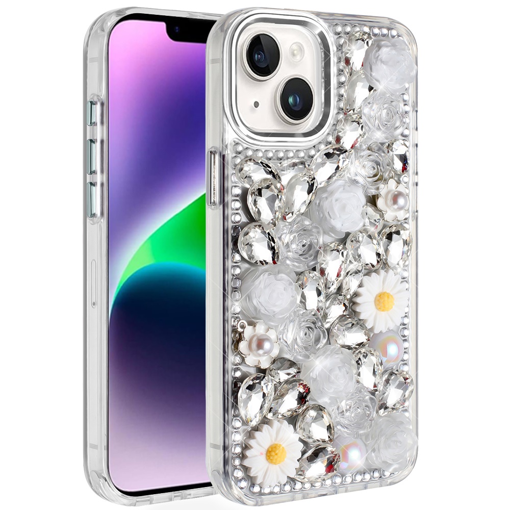 For iPhone 13/14 Glitter Floral Hybrid Case -  Bling Stones Design - Bild 5 von 15