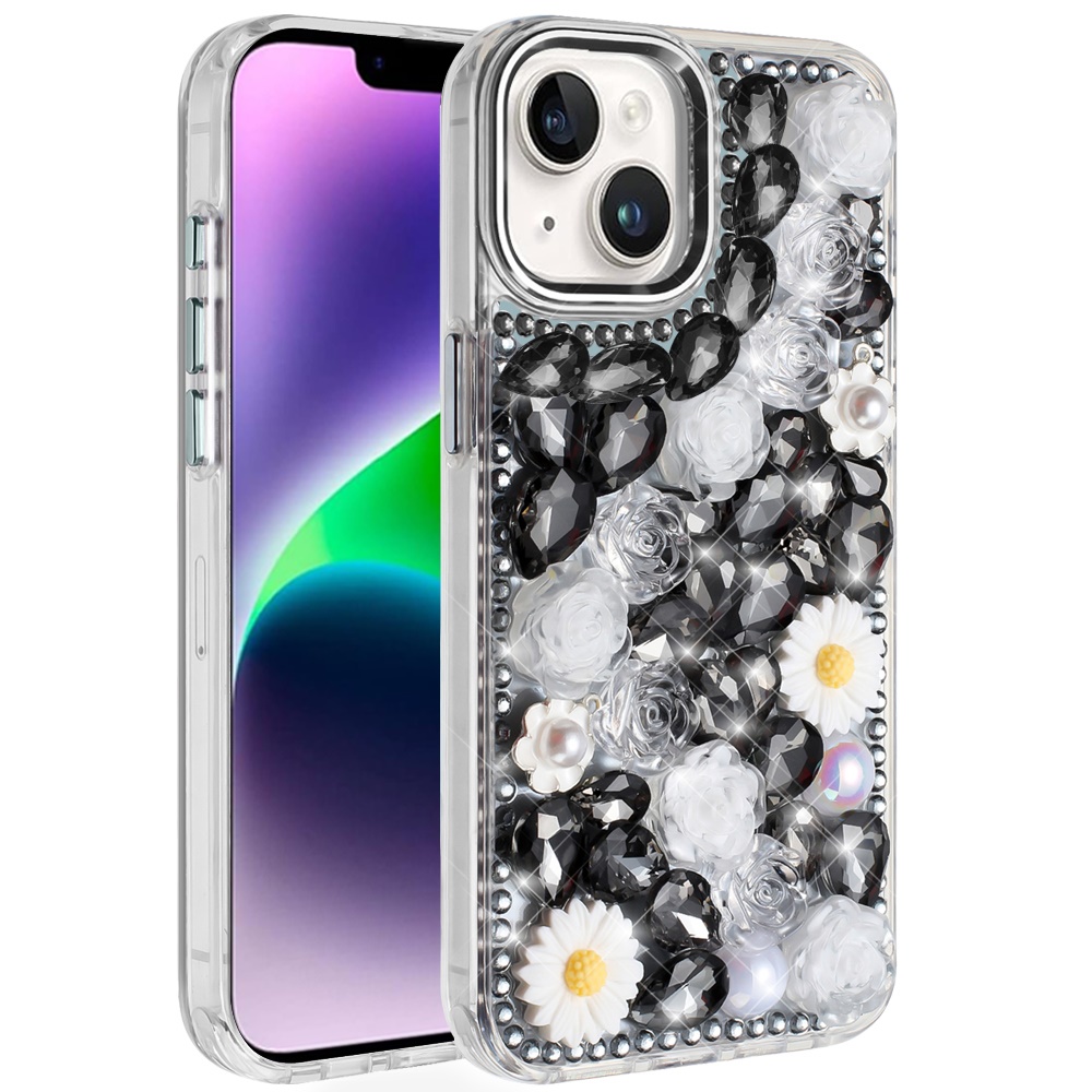 For iPhone 13/14 Glitter Floral Hybrid Case -  Bling Stones Design - Bild 11 von 15
