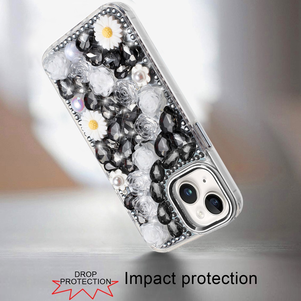 For iPhone 13/14 Glitter Floral Hybrid Case -  Bling Stones Design - Bild 12 von 15