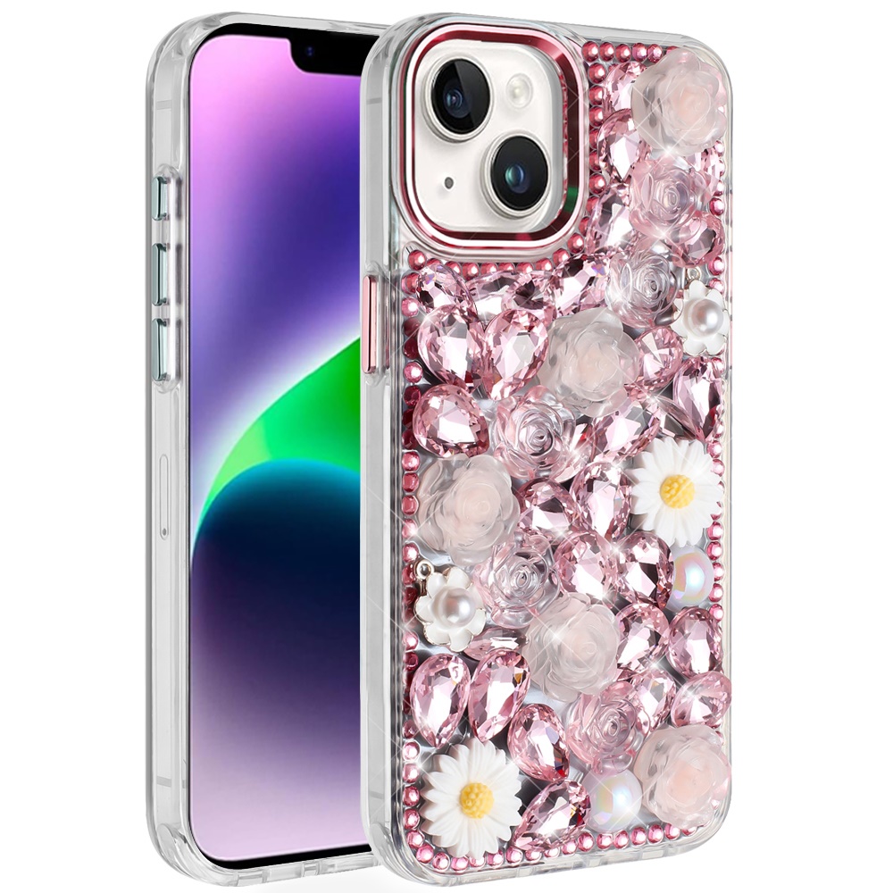 For iPhone 13/14 Glitter Floral Hybrid Case -  Bling Stones Design - Bild 15 von 15