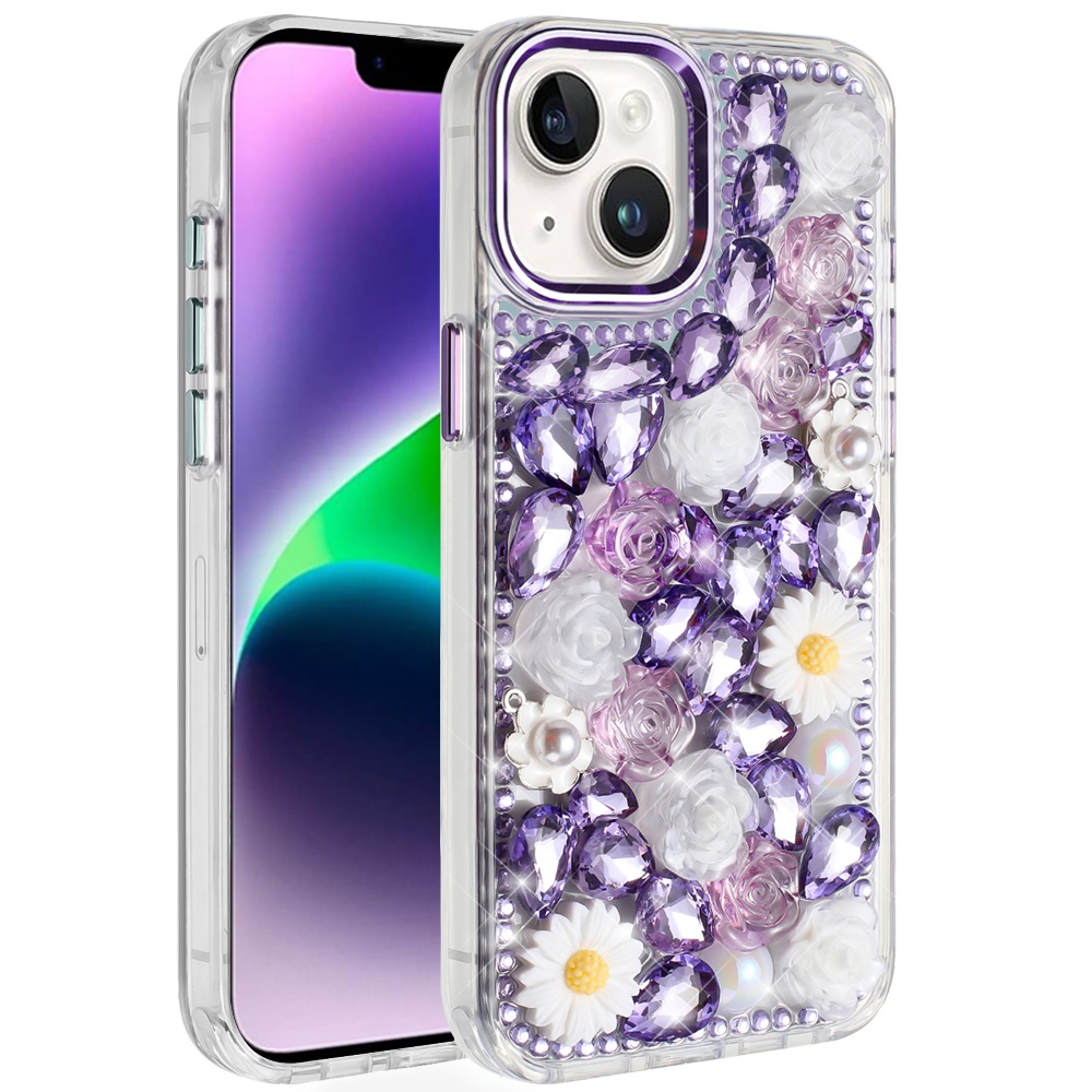 For iPhone 13/14 Glitter Floral Hybrid Case -  Bling Stones Design - Bild 7 von 15