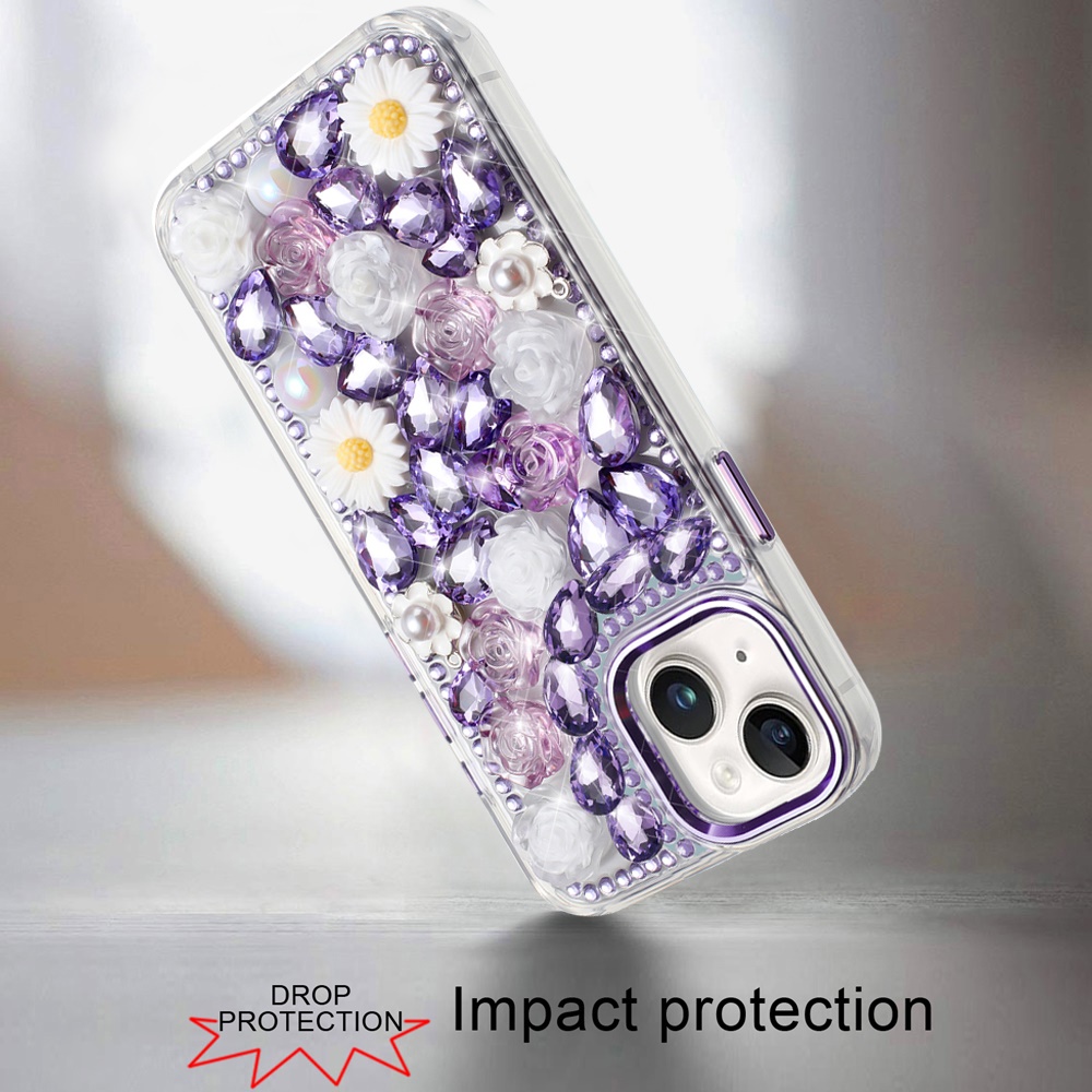 For iPhone 13/14 Glitter Floral Hybrid Case -  Bling Stones Design - Bild 8 von 15