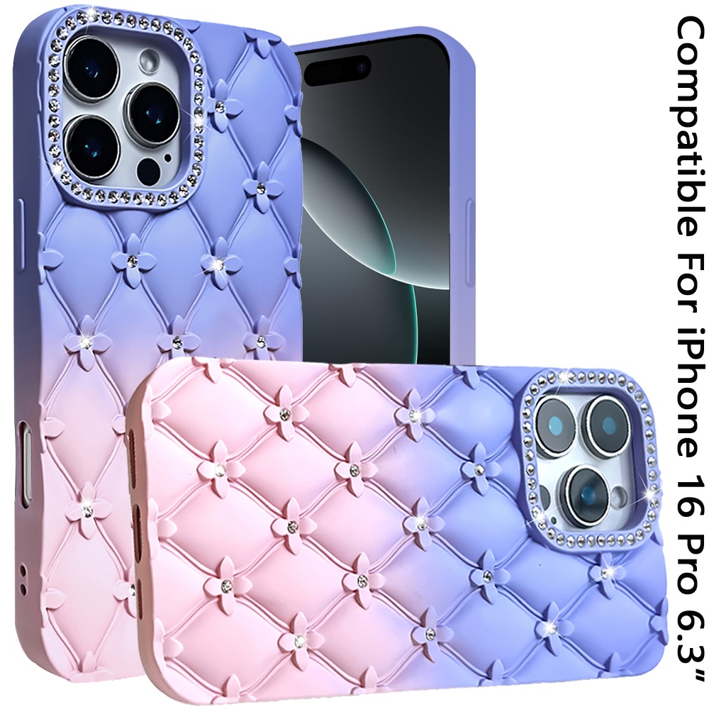 For iPhone 16 Pro Floral Joy Glitter TPU Case - Light Blue/Pink